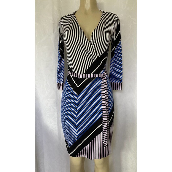DVF Diane von Furstenberg Julian Two Wrap Dress Striped Black 3/4 Sleeve… - Picture 2 of 6